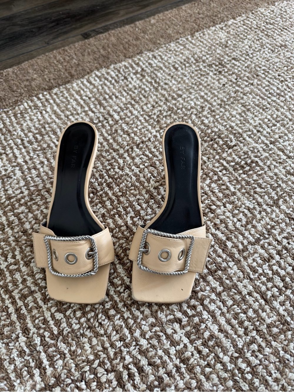 BY FAR Beige Leather Buckle Mules